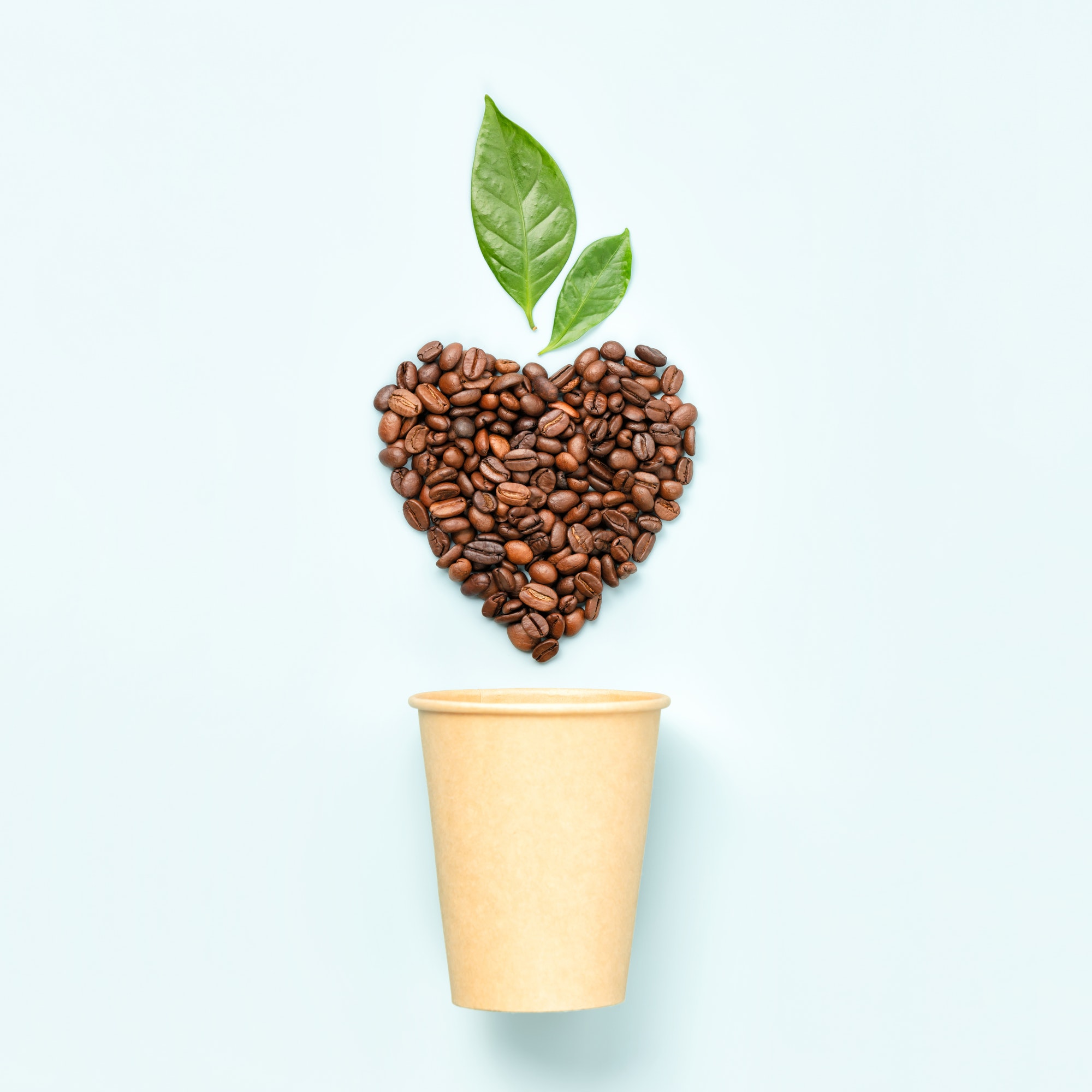 White coffee cup and coffee beans in shape of heart on white background